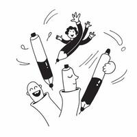People with Floating Pens and Joyful Faces concept as A group of people using floating pens with joyful faces set against a whimsical background offering ample space for text or gr pure Set 2 vector
