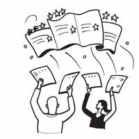 People with Floating Performance Reviews and Joyful Expressions concept as A group of people holding floating performance reviews with joyful expressions set against a dreamy backg pure vector