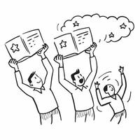 People with Floating Performance Reviews and Joyful Expressions concept as A group of people holding floating performance reviews with joyful expressions set against a dreamy backg pure Set 3 vector
