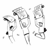 People with Floating Resumes and Smiling Faces concept as A group of people holding floating resumes with smiling faces set against a whimsical background offering ample space for pure vector