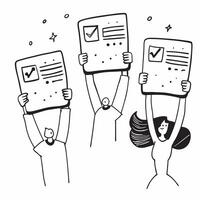 People with Floating Review Charts and Joyful Expressions concept as A group of people holding floating review charts with joyful expressions set against a dreamy background offeri pure Set 3 vector