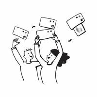 People with Floating Shipping Labels and Joyful Faces concept as A group of people holding floating shipping labels with joyful faces set against a whimsical background offering am pure Set 2 vector