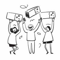People with Floating Shipping Labels and Joyful Faces concept as A group of people holding floating shipping labels with joyful faces set against a whimsical background offering am pure Set 3 vector
