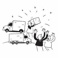 People with Glowing Delivery Trucks and Joyful Expressions concept as A group of people using glowing delivery trucks with joyful expressions set against a fantastical background o pure vector