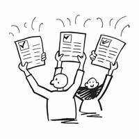 People with Glowing Evaluation Forms and Joyful Faces concept as A group of people holding glowing evaluation forms with joyful faces set against a fantastical background offering pure vector