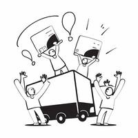 People with Glowing Delivery Trucks and Joyful Expressions concept as A group of people using glowing delivery trucks with joyful expressions set against a fantastical background o pure Set 3 vector