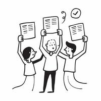 People with Glowing Evaluation Forms and Joyful Faces concept as A group of people holding glowing evaluation forms with joyful faces set against a fantastical background offering pure Set 3 vector