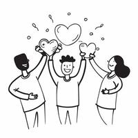People with Glowing Hearts and Joyful Expressions concept as A group of people holding glowing hearts with joyful expressions set against a dreamy background offering ample space f pure Set 3 vector