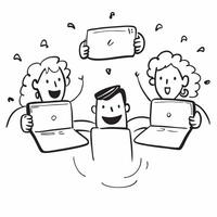 People with Glowing Laptops and Happy Smiles concept as A group of people using glowing laptops with happy smiles set against a dreamy background offering ample space for text or g pure Set 3 vector