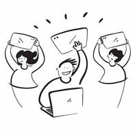 People with Glowing Laptops and Joyful Expressions concept as A group of people using glowing laptops with joyful expressions set against a dreamy background offering ample space f pure Set 2 vector