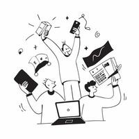 People with Glowing Office Gadgets and Joyful Expressions concept as A group of people using glowing office gadgets with joyful expressions set against a fantastical background off pure vector