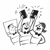 People with Glowing Notebooks and Joyful Expressions concept as A group of people holding glowing notebooks with joyful expressions set against a dreamy background offering ample s pure Set 3 vector