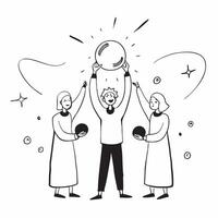 People with Glowing Orbs and Joyful Expressions concept as A group of people holding glowing orbs with joyful expressions set against a fantastical background offering ample space pure vector