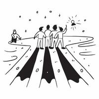 People with Glowing Pathways and Joyful Expressions concept as A group of people walking on glowing pathways with joyful expressions set against a fantastical background offering a pure vector