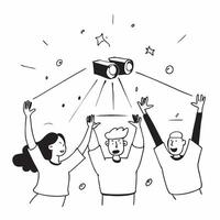 People with Glowing Projectors and Joyful Expressions concept as A group of people using glowing projectors with joyful expressions set against a fantastical background offering am pure Set 3 vector