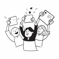 People with Glowing Review Notes and Joyful Expressions concept as A group of people holding glowing review notes with joyful expressions set against a fantastical background offer pure vector