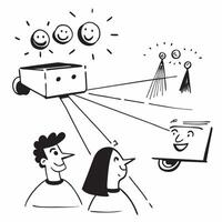People with Glowing Projectors and Smiling Faces concept as A group of people using glowing projectors with smiling faces set against a fantastical background offering ample space pure Set 3 vector