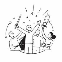People with Glowing Tools and Joyful Expressions concept as A group of people using glowing tools with joyful expressions set against a fantastical background offering ample space pure vector