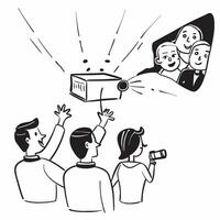 People with Glowing Projectors and Smiling Faces concept as A group of people using glowing projectors with smiling faces set against a fantastical background offering ample space pure vector