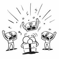 People with Glowing Treasure Chests and Joyful Expressions concept as A group of people with glowing treasure chests and joyful expressions set against a fantastical background off pure vector