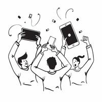 People with Glowing Tablets and Joyful Expressions concept as A group of people using glowing tablets with joyful expressions set against a fantastical background offering ample sp pure vector
