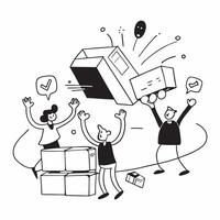 People with Glowing Warehouse Equipment and Joyful Expressions concept as A group of people using glowing warehouse equipment with joyful expressions set against a fantastical back pure vector