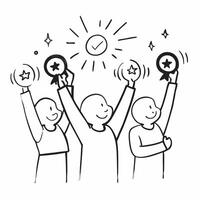 People with Sparkling Evaluation Badges and Happy Smiles concept as A group of people holding sparkling evaluation badges with happy smiles set against a dreamy background offering pure Set 3 vector