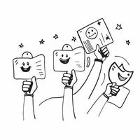 People with Sparkling Evaluation Badges and Happy Smiles concept as A group of people holding sparkling evaluation badges with happy smiles set against a dreamy background offering pure vector