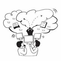 People with Watercolor Brainstorming Sessions and Laptops concept as A group of people conducting watercolor brainstorming sessions with laptops set against a fantastical backgroun pure vector