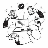People with Watercolor Business Evaluations and Laptops concept as A group of people conducting watercolor business evaluations with laptops set against a fantastical background of pure vector