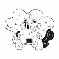 People with Watercolor Business Innovations and Laptops concept as A group of people discussing watercolor business innovations with laptops set against a fantastical background of pure vector