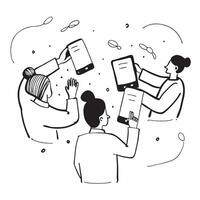 People with Watercolor Business Proposals and Tablets concept as A group of people presenting watercolor business proposals with tablets set against a dreamy background offering am pure Set 2 vector