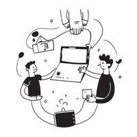 People with Watercolor Collaboration Sessions and Laptops concept as A group of people collaborating with watercolor materials and laptops set against a dreamy background offering pure Set 3 vector