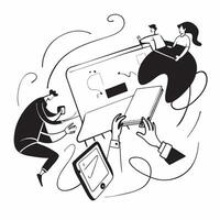 People with Watercolor Designs and Tablets concept as A group of people working on watercolor designs with tablets set against a dreamy background offering ample space for text or pure vector