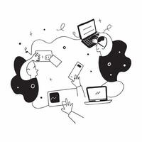 People with Watercolor Collaboration Sessions and Laptops concept as A group of people collaborating with watercolor materials and laptops set against a dreamy background offering pure Set 2 vector