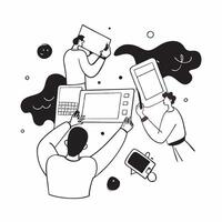 People with Watercolor Designs and Tablets concept as A group of people working on watercolor designs with tablets set against a dreamy background offering ample space for text or pure Set 3 vector