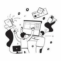 People with Watercolor Marketing Plans and Laptops concept as A group of people creating watercolor marketing plans with laptops set against a fantastical background offering ample pure vector
