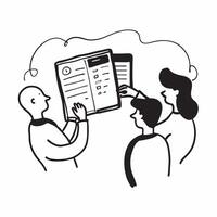 People with Watercolor Meeting Agendas and Tablets concept as A group of people reviewing watercolor meeting agendas with tablets set against a whimsical background offering ample pure Set 2 vector
