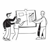 People with Watercolor Reports and Whiteboards concept as A group of people discussing watercolor reports on whiteboards set against a whimsical background offering ample space for pure Set 2 vector