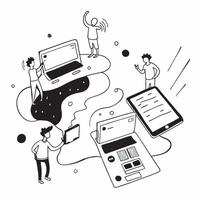 People with Watercolor Technology Platforms and Laptops concept as A group of people interacting with watercolor technology platforms on laptops set against a whimsical background pure Set 2 vector
