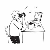 Person Drinking Coffee at Glossy Desk concept as A person drinking coffee at a glossy desk capturing a relaxed yet professional remote work environment Camera angle focuses on the pure vector