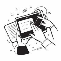 Person Using Tablet with Glossy Elements concept as A person using a tablet with glossy elements emphasizing creativity and modern technology in remote work Camera angle captures pure Set 4 vector
