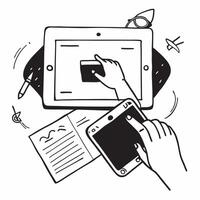 Person Using Tablet with Abstract Interface concept as A person using a tablet with a glossy abstract digital interface emphasizing creativity and modern technology in remote work pure Set 4 vector