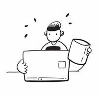 Person with Coffee Cup and Laptop for Office Service concept as A person holding a coffee cup and using a laptop set against a blank background providing space for text or graphics pure Set 5 vector
