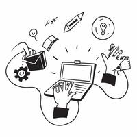 Person with Computer and Office Supplies for IT Service concept as A person using a computer with office supplies around set against a blank background providing space for text or pure vector