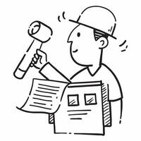 Person with Hammer and Blueprint for Building Service concept as A person holding a hammer and blueprint set against a blank background providing space for text or graphics symboli pure vector
