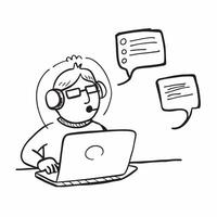 Person with Laptop and Headset for Tech Support concept as A person using a laptop and wearing a headset set against a blank background providing space for text or graphics symboli pure vector