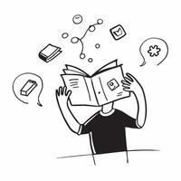 Person with Magic Book and Floating Learning Icons concept as A person holding a magic book with floating learning icons set against a blank background offering space for text or g pure vector