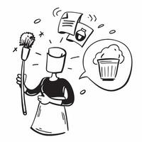 Person with Magic Broom and Floating Cleaning Supplies concept as A person holding a magic broom with floating cleaning supplies set against a blank background offering space for t pure Set 2 vector