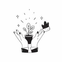 Person with Magic Garden Tools and Floating Plants concept as A person holding magic garden tools with floating plants set against a blank background offering space for text or gra pure vector